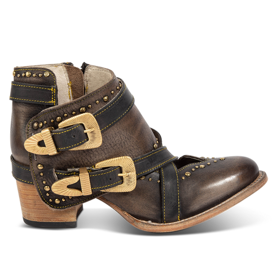 FREEBIRD women's Samantha black bootie with stud detailing, contrasting straps with gold hardware, and inside zip closure