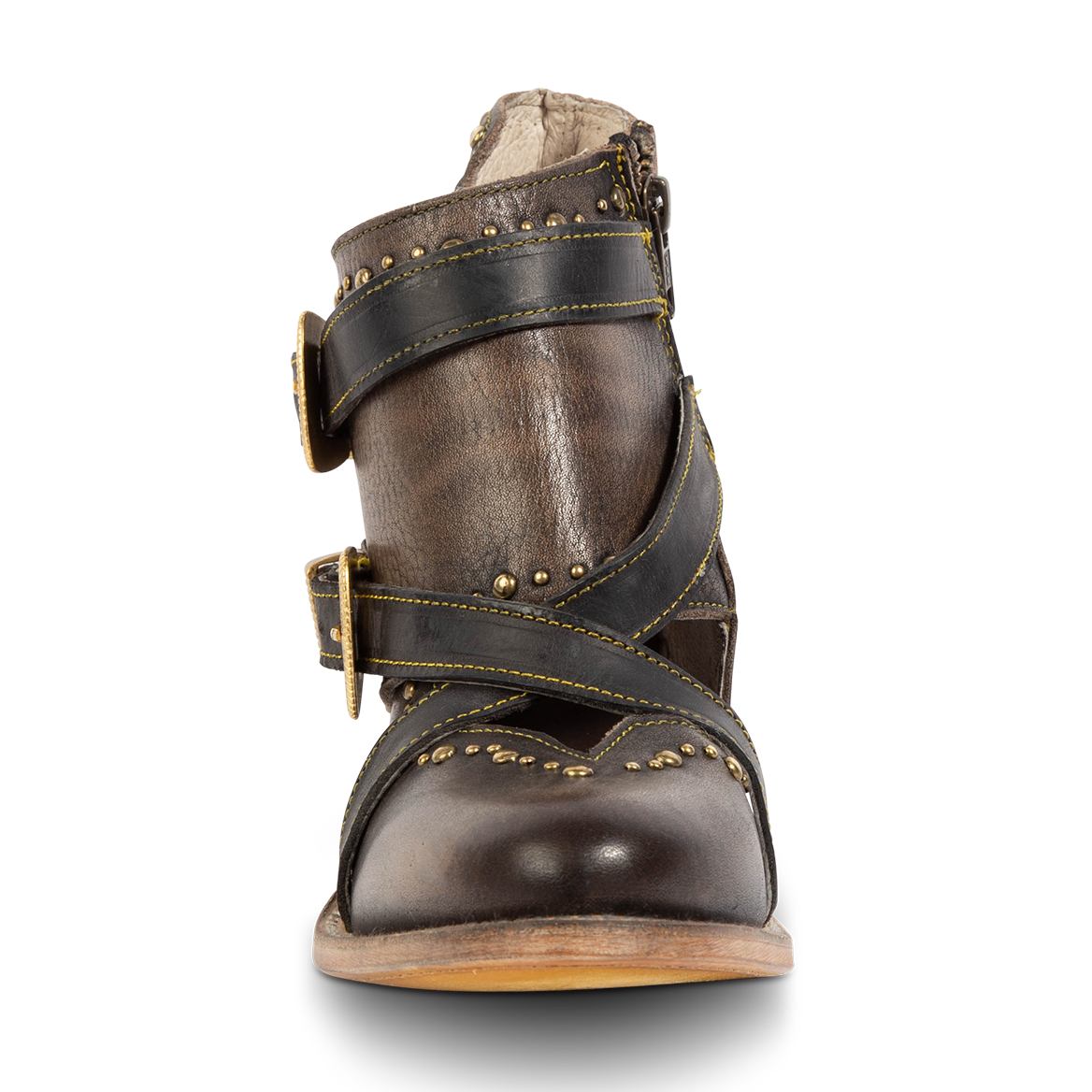 Front view showing contrasting leather straps and stud detailing on FREEBIRD women's Samantha black low heeled bootie