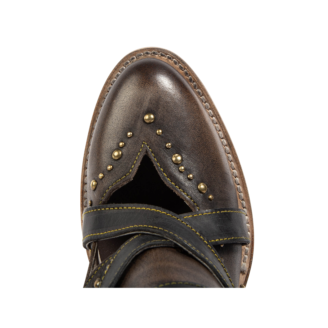 Top view showing almond toe construction with stud detailing and contrasting leather foot straps on FREEBIRD women's Samantha black bootie