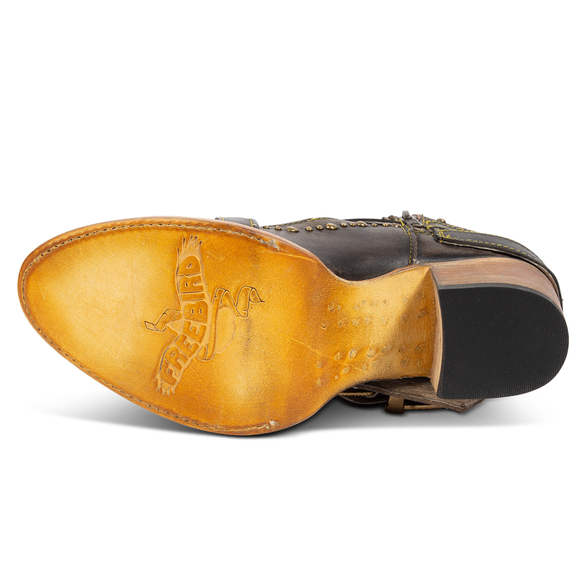 Leather sole imprinted with FREEBIRD on women's Samantha black low heeled bootie