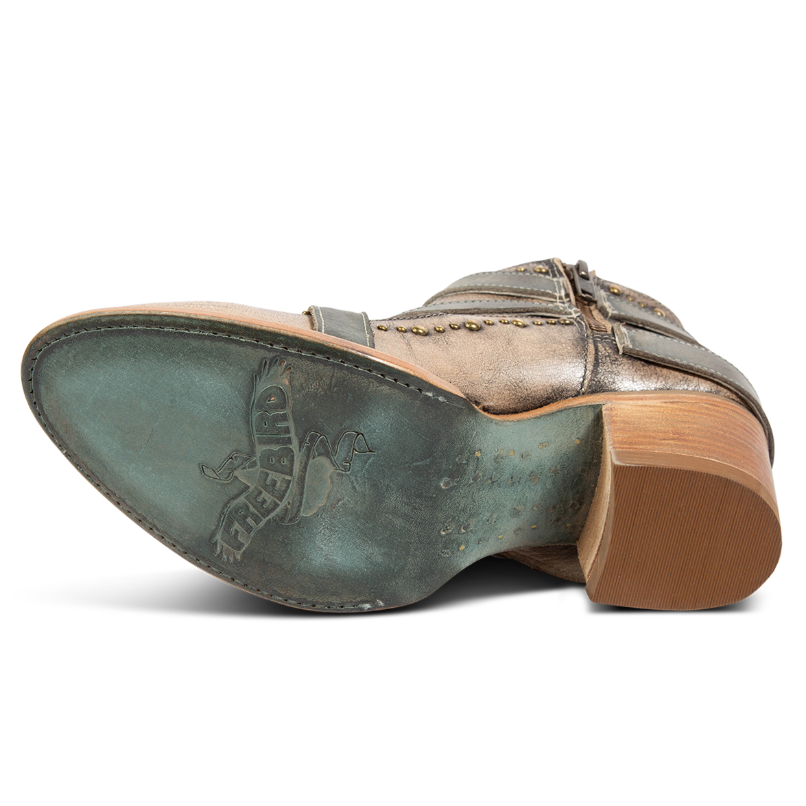 Leather sole imprinted with FREEBIRD on women's Samantha pewter low heeled bootie