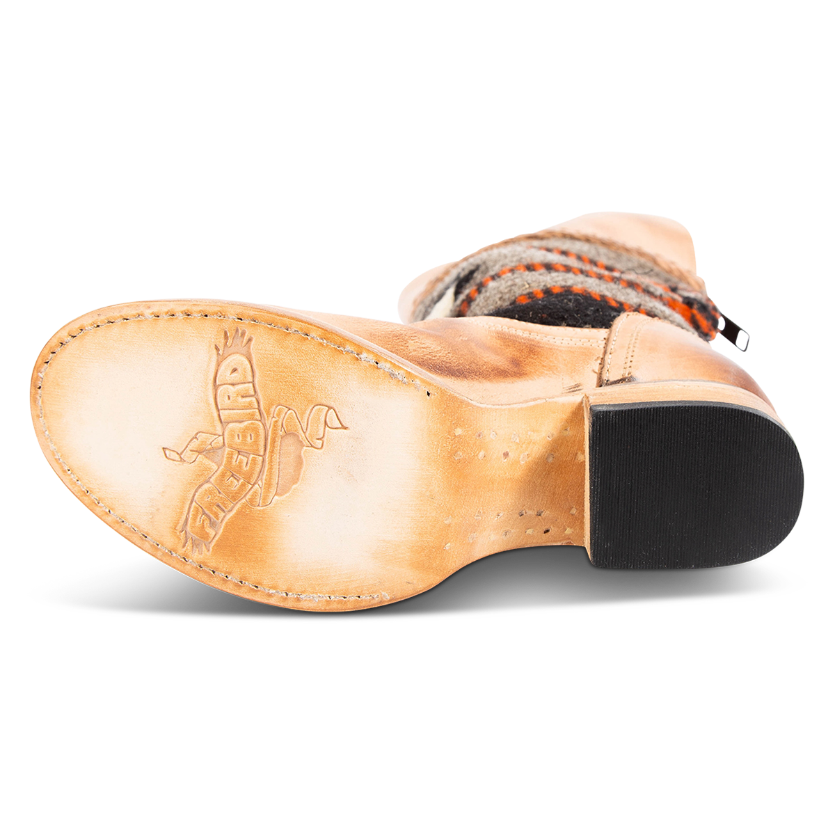 Freebird SAVAGE Tan leather tall boots featuring a woven textile upper, braided trim, and low block heels.