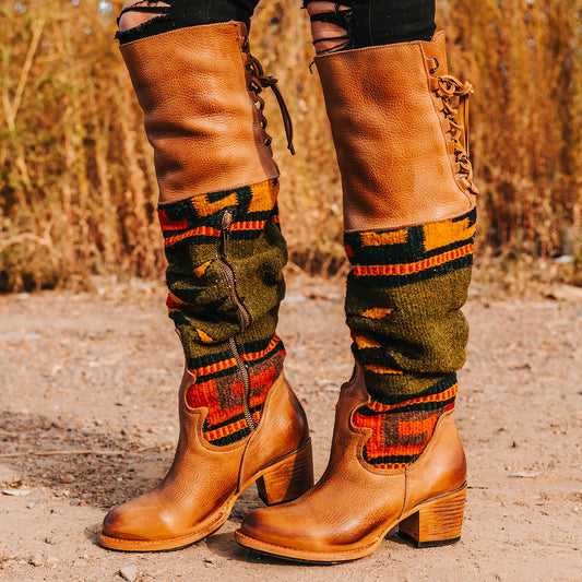 Tan SERAPE knee-high tall boots featuring a colorful knit shaft, leather pull tabs, and a round toe.
