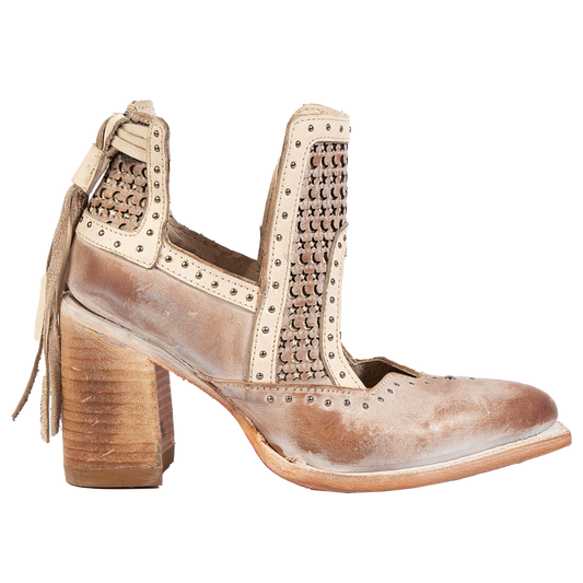 FREEBIRD women's Sharona blush laser cut bootie with wrapped heel and heel tassel detailing