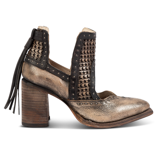 FREEBIRD women's Sharona pewter laser cut bootie with wrapped heel and heel tassel detailing