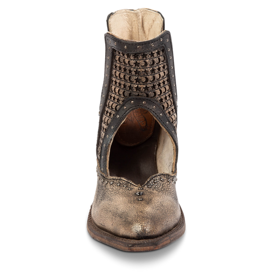 Front view showing instep cutout, silver stud detailing, and star/moon laser cut leather on FREEBIRD women's Sharona pewter bootie