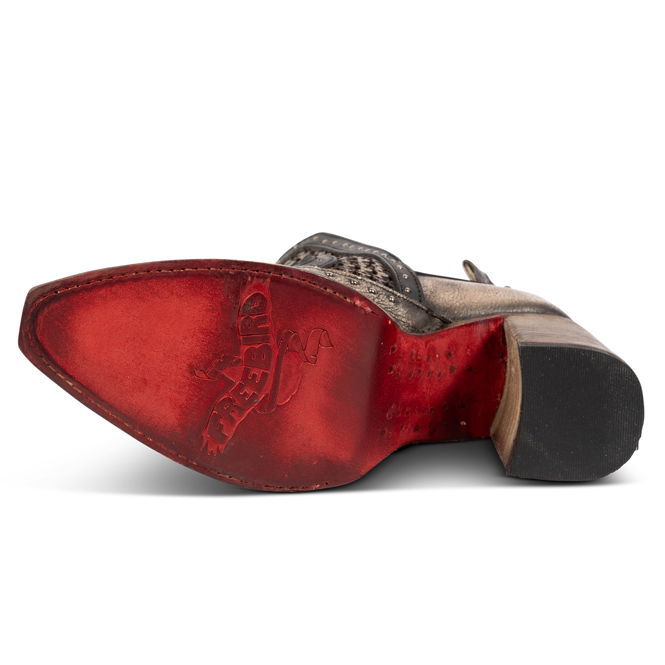 Leather sole imprinted with FREEBIRD on women's Sharona pewter bootie