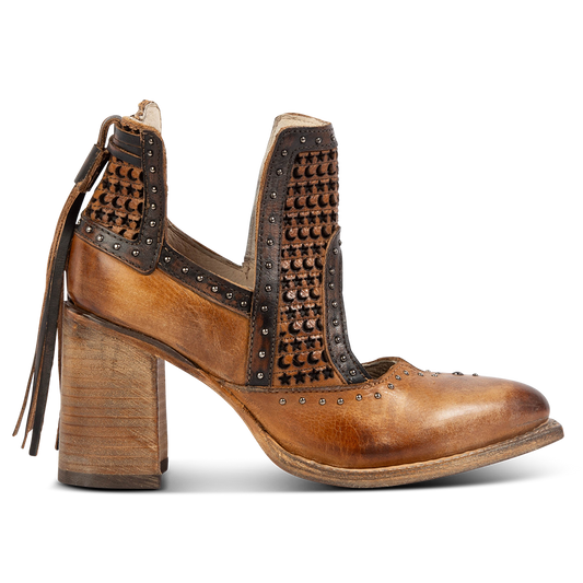 FREEBIRD women's Sharona tan laser cut bootie with wrapped heel and heel tassel detailing