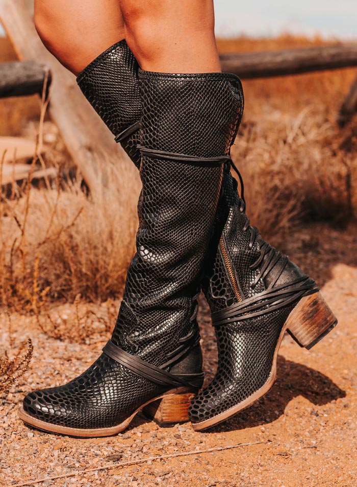 coal back lace adjustable wide calf leather boot black snake