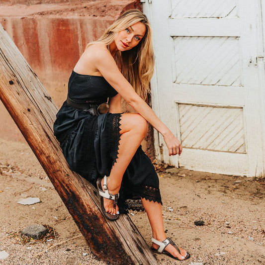 FREEBIRD women's Sorrento black multi leather sandal with an adjustable heel strap and slightly elevated heel lifestyle