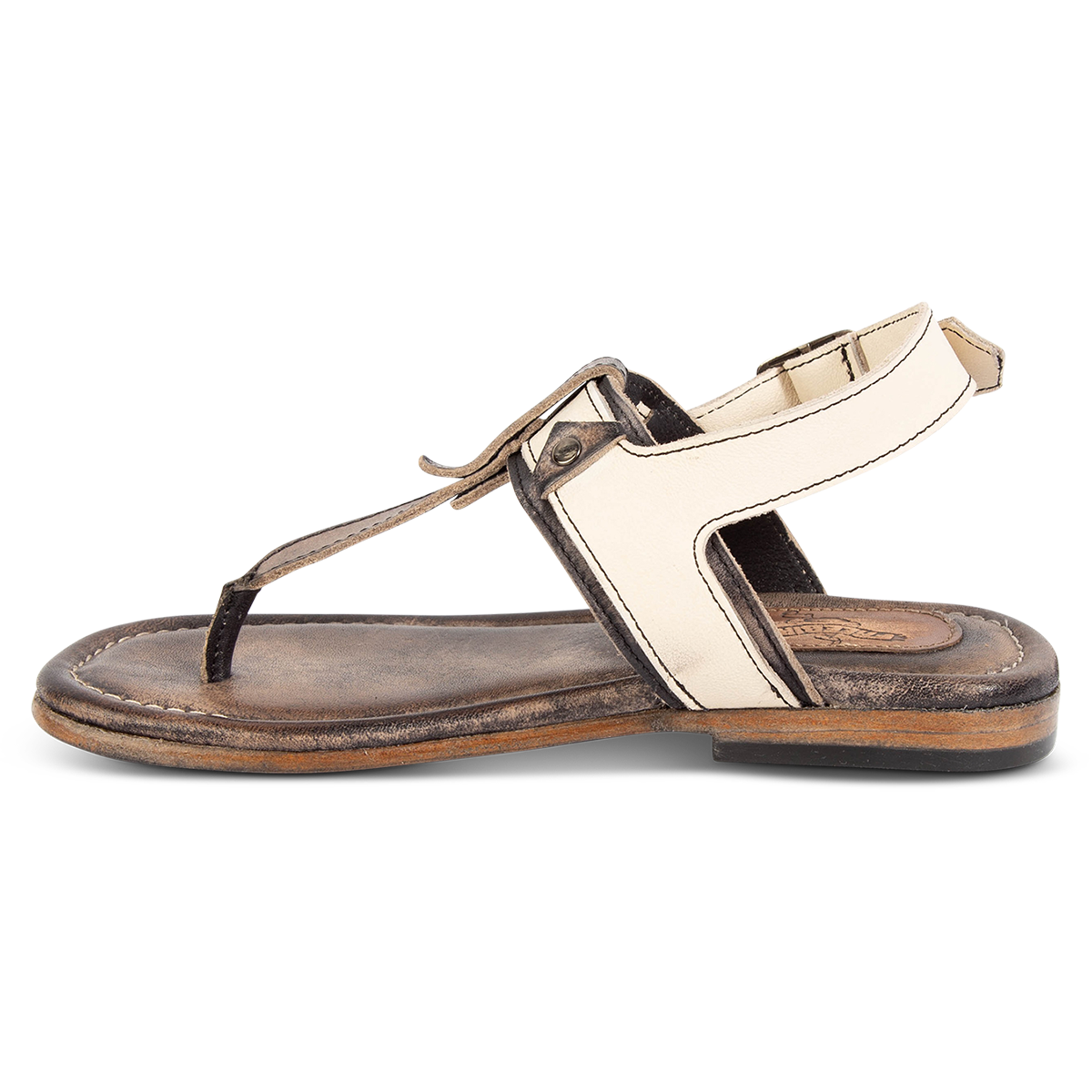 Inside view showing FREEBIRD women's Sorrento black multi leather sandal with an open construction and adjustable heel strap