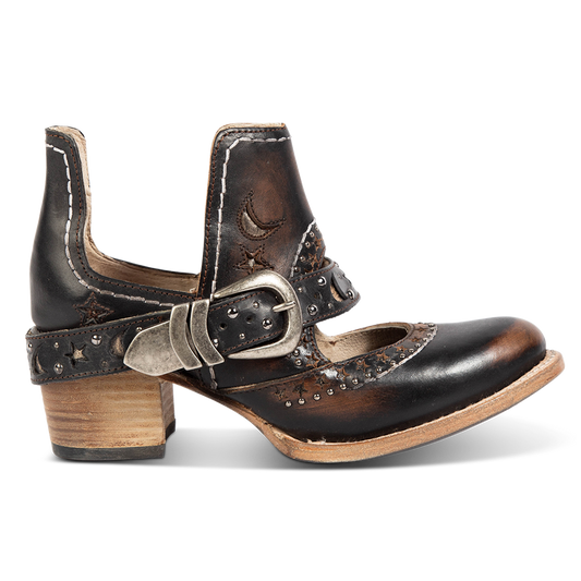 FREEBIRD women's Stardom black bootie with silver stud detailing, laser cut leather, open ankles, and a decorative ankle strap