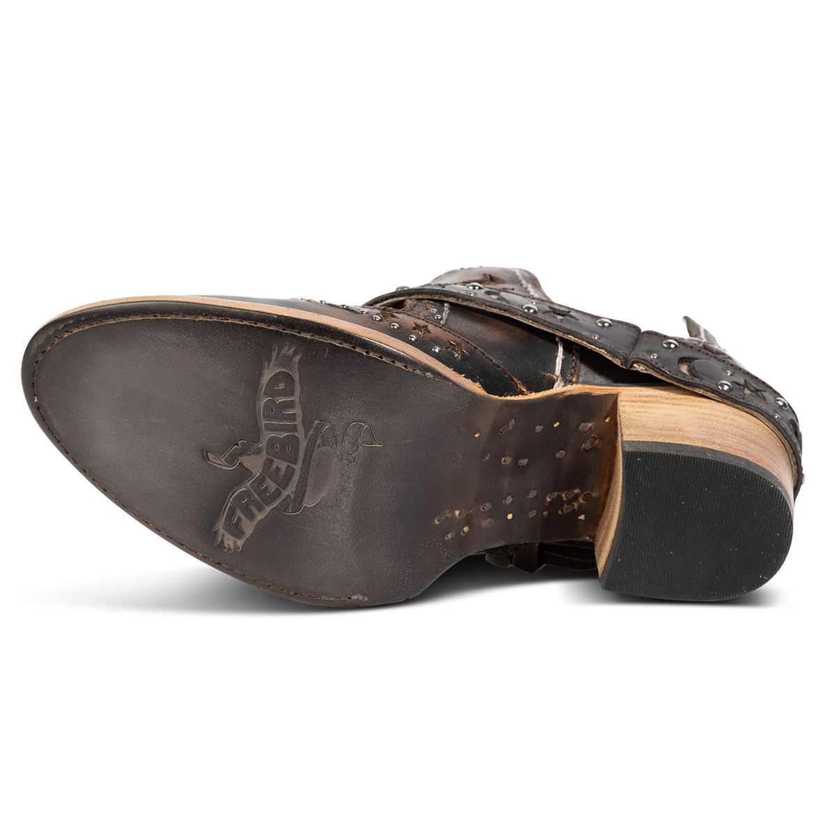 Leather sole imprinted with FREEBIRD on women's Stardom black bootie