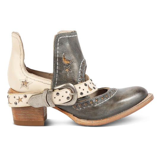 FREEBIRD women's Stardom blue bootie with silver stud detailing, laser cut leather, open ankles, and a decorative ankle strap