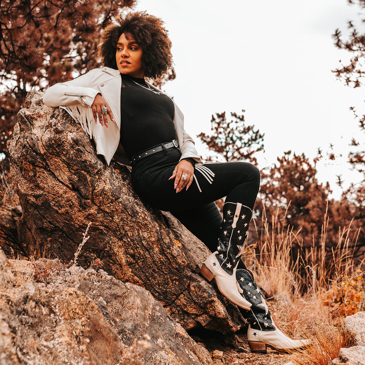 FREEBIRD women's Starzz black leather cowboy boot with two-toned leather star inlay detailing traditional stitching and snip toe construction lifestyle