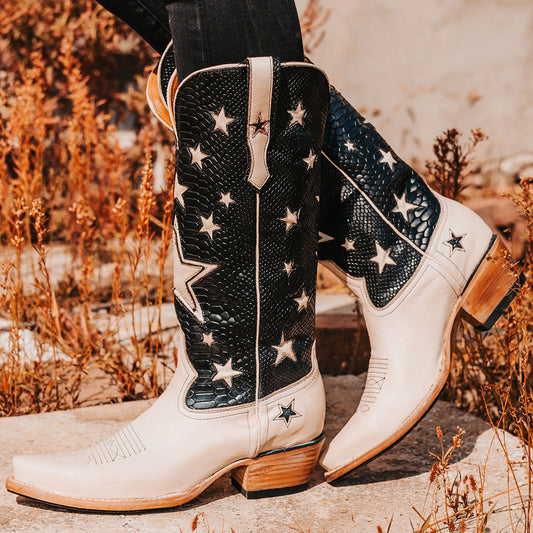 FREEBIRD women's Starzz black leather cowboy boot with two-toned leather star inlay detailing traditional stitching and snip toe construction