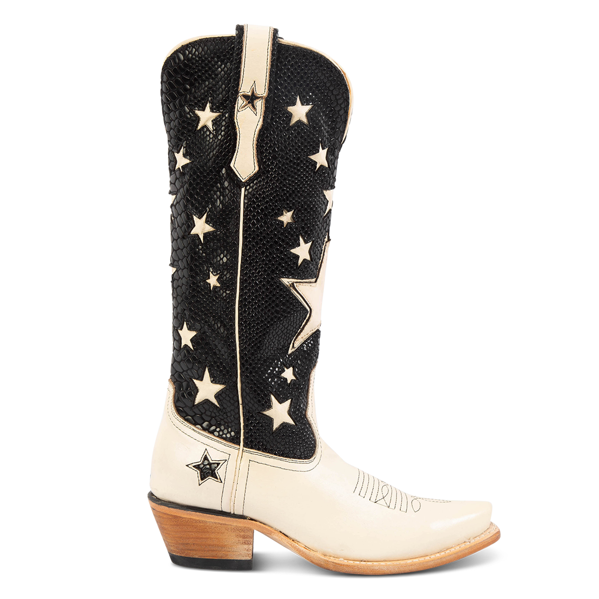 FREEBIRD women's Starzz black leather cowboy boot with two-toned leather star inlay detailing traditional stitching and snip toe construction