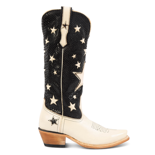 FREEBIRD women's Starzz black leather cowboy boot with two-toned leather star inlay detailing traditional stitching and snip toe construction