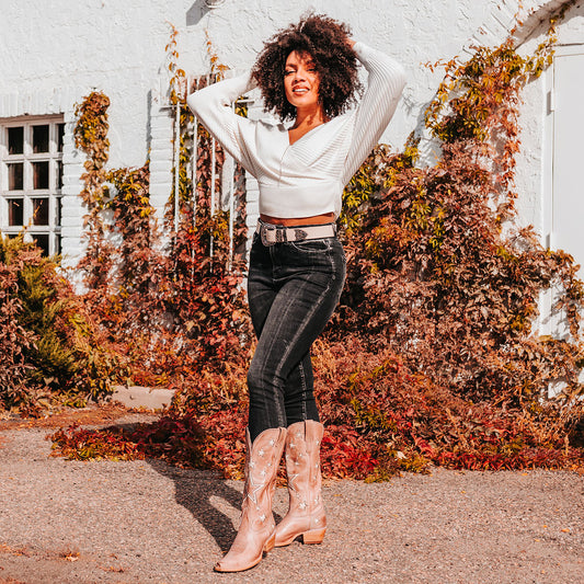 FREEBIRD women's Starzz blush leather cowboy boot with two-toned leather star inlay detailing traditional stitching and snip toe construction lifestyle image