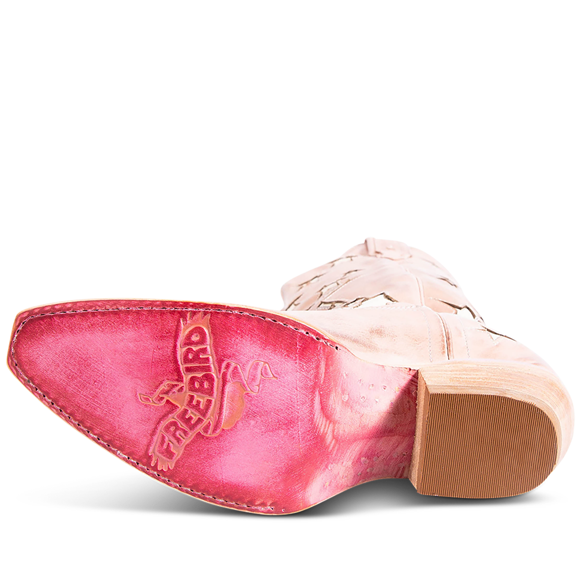 Leather sole imprinted with FREEBIRD on women's Starzz blush western boot