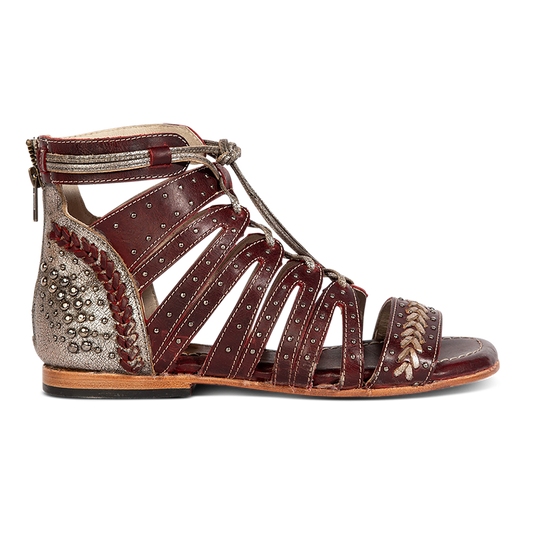 FREEBIRD STORES women's Swan red leather sandal with two toned leather, stud detailing and a leather lace front closure