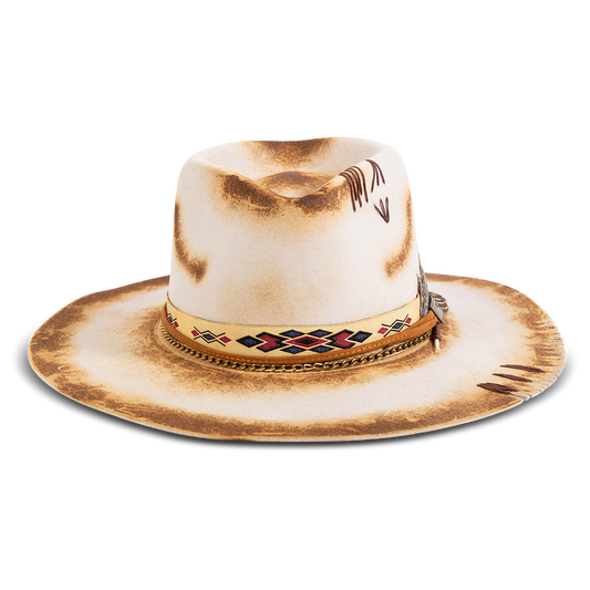 FREEBIRD women's Tammy burnt white wool hat with front pinched crown and multi band detailing