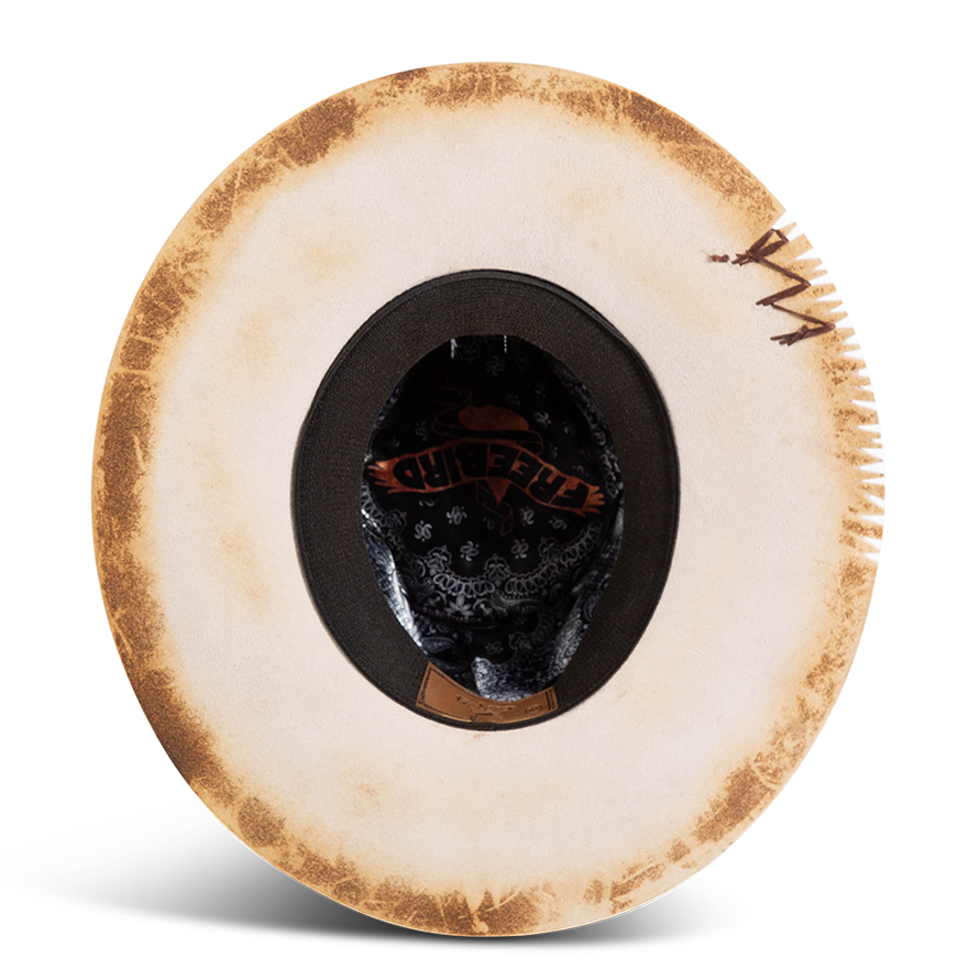 Inside view of FREEBIRD women's Tammy burnt white wool hat with an interior silk bandana and elastic sweatband