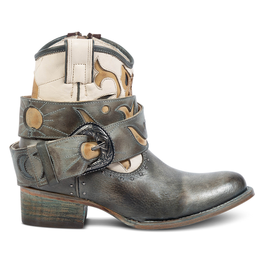 FREEBIRD women's Tash blue multi leather bootie with an inside working zipper, removable belt and laser cut detailing