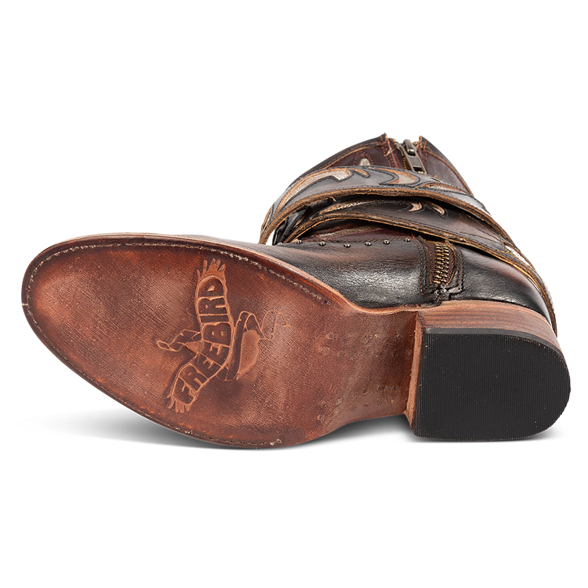 Leather sole imprinted with FREEBIRD on women's Tash brown multi leather bootie