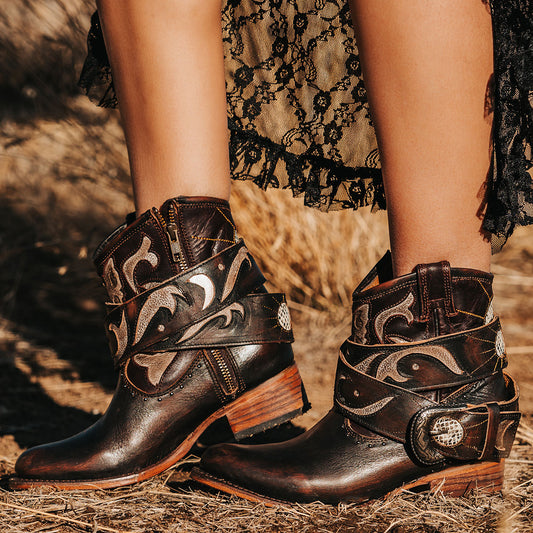 Brown TASH western leather ankle booties with contrast stitching, side zipper, and stacked block heel.