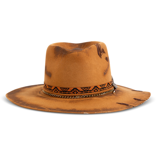 FREEBIRD women's Taylor burnt tan wool hat with front pinched crown and multi band detailing