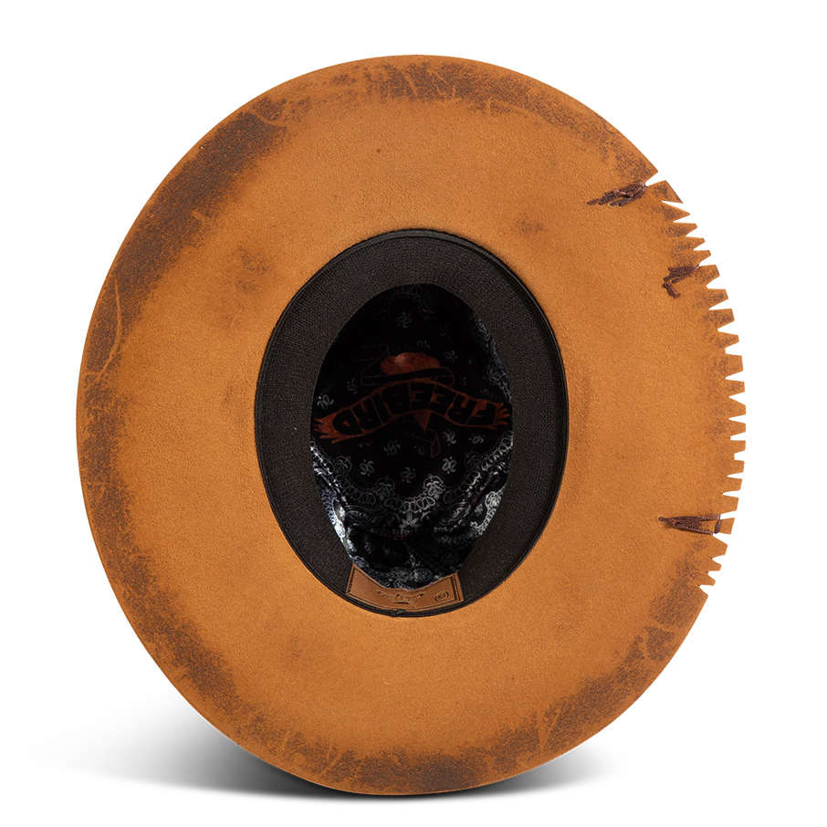 Inside view of FREEBIRD women's Taylor burnt tan wool hat with an interior silk bandana and elastic sweatband