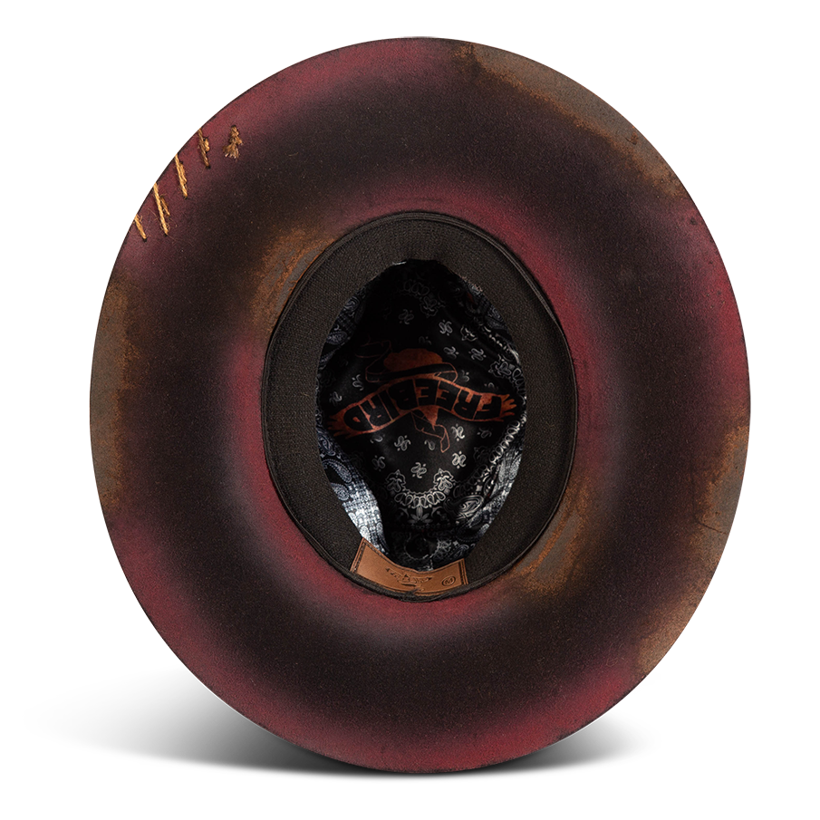 Inside view of FREEBIRD women's Tucker dusty rose wool hat with an interior silk bandana and elastic sweatband