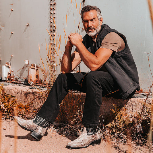 FREEBIRD men's Union black/white python leather boot with leather pull straps, traditional stitching and square toe construction lifestyle image