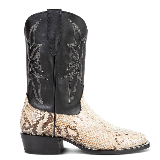 FREEBIRD men's Union black/white python leather boot with leather pull straps, traditional stitching and square toe construction