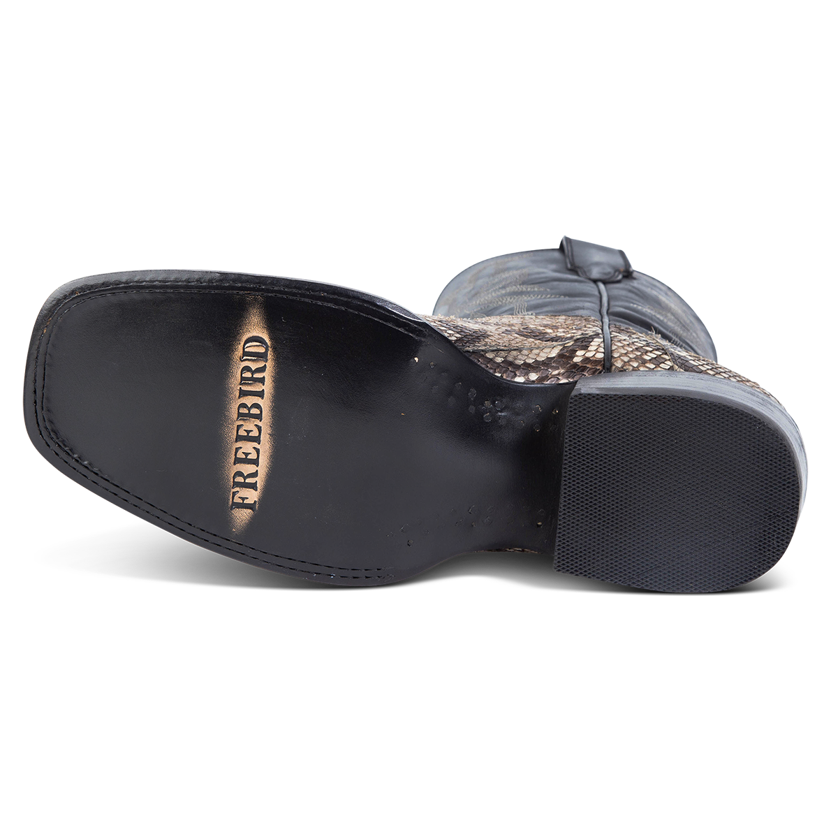 Leather sole imprinted with FREEBIRD on men's Union black/white python leather boot
