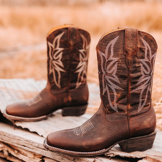 FREEBIRD men's Union brown leather leather boot with leather pull straps, traditional stitching and square toe construction