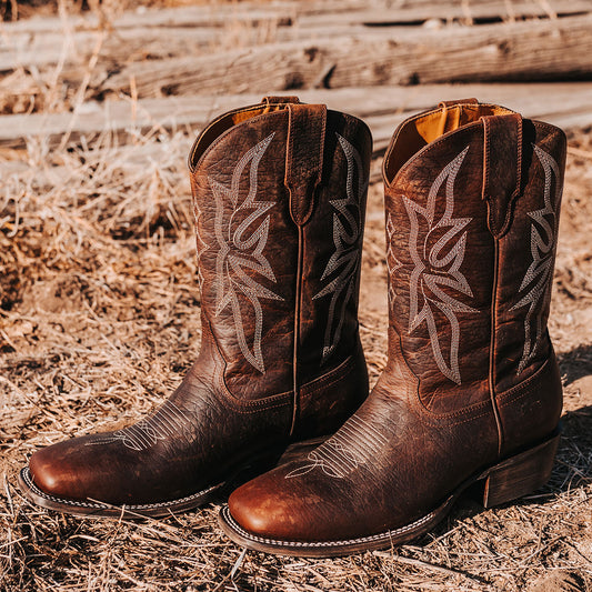 FREEBIRD men's Union brown leather leather boot with leather pull straps, traditional stitching and square toe construction