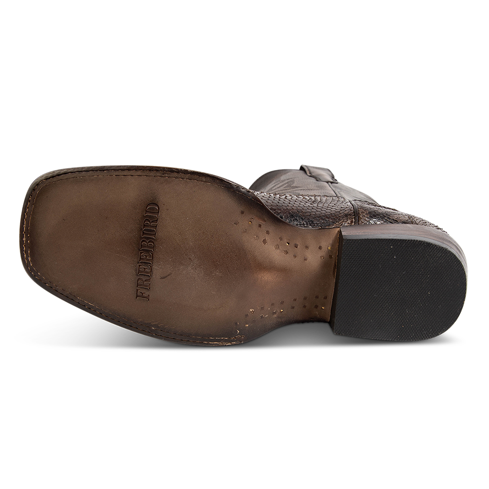 Leather sole imprinted with FREEBIRD on men's Union steel python leather boot