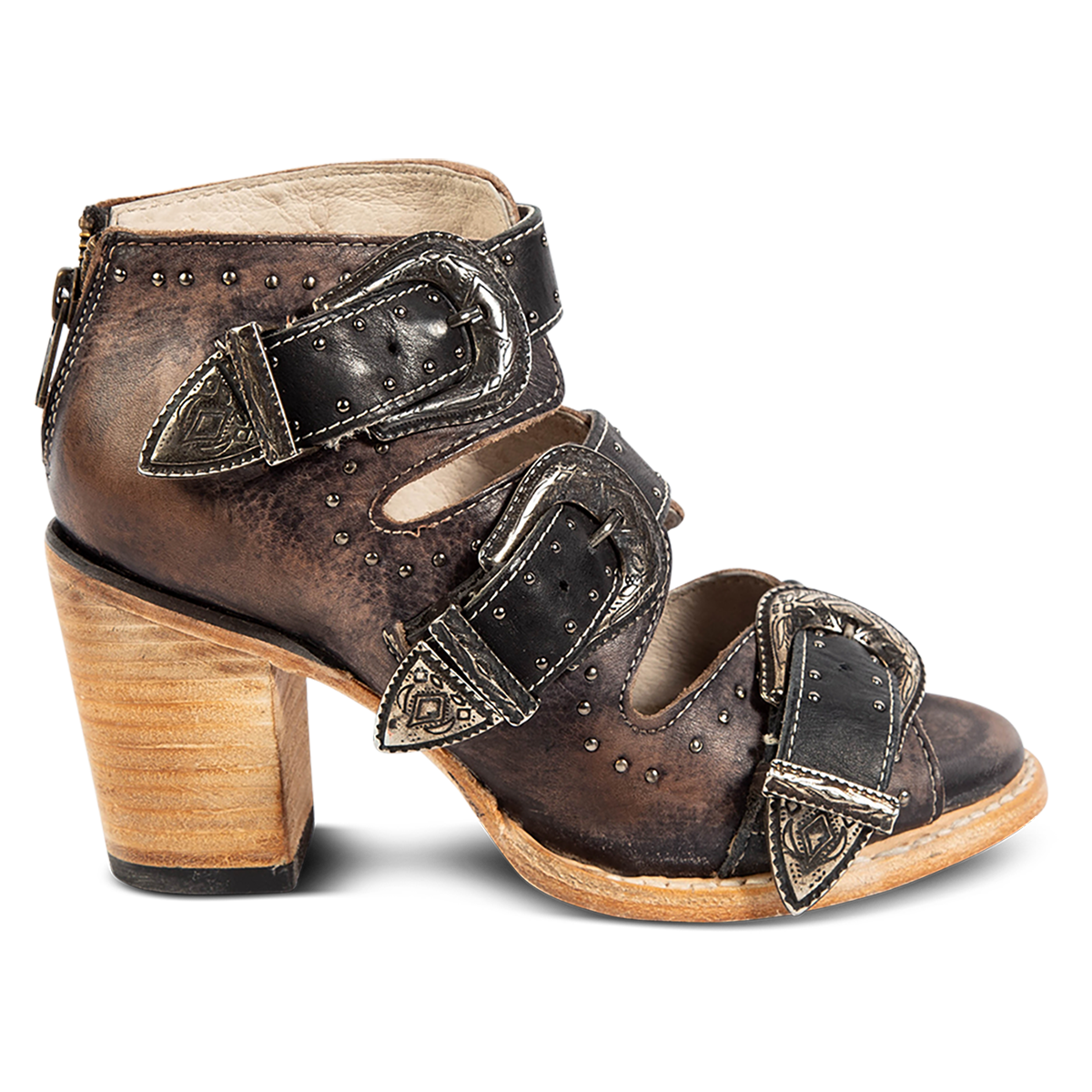FREEBIRD women's Violet black distressed leather sandal with adjustable shaft buckles and metal embellishments
