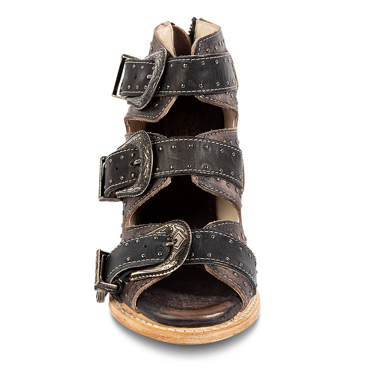Front view showing adjustable shaft belts and studded embellishments on FREEBIRD women's Violet black distressed leather sandal 