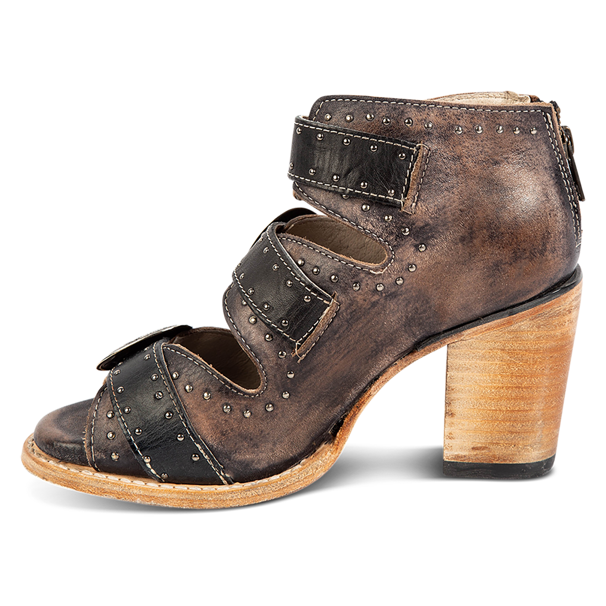 Inside view showing a stacked heel and studded embellishments on FREEBIRD women's Violet black distressed leather sandal 