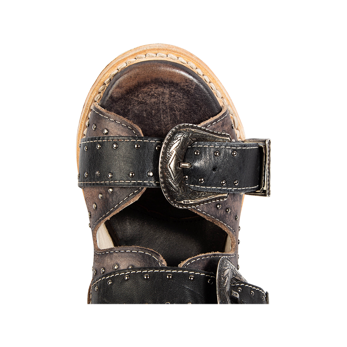 Top view showing a rounded toe and shaft buckles on FREEBIRD women's Violet black distressed leather sandal 
