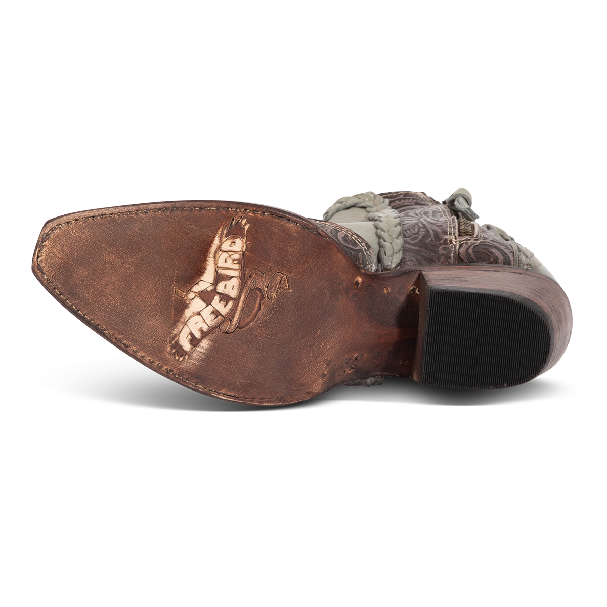 Leather sole imprinted with Freebird on women's WAGON grey leather bootie