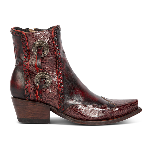 FREEBIRD women's WAGON wine tooled leather western bootie featuring a snip toe, tooled leather, and medium heel