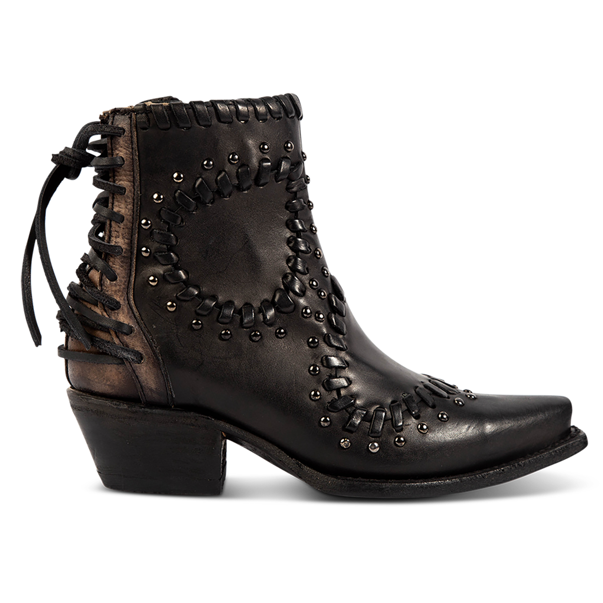 FREEBIRD women's Walker black leather bootie with asymmetrical whip stitch detailing, stud embellishments and back heel lacing