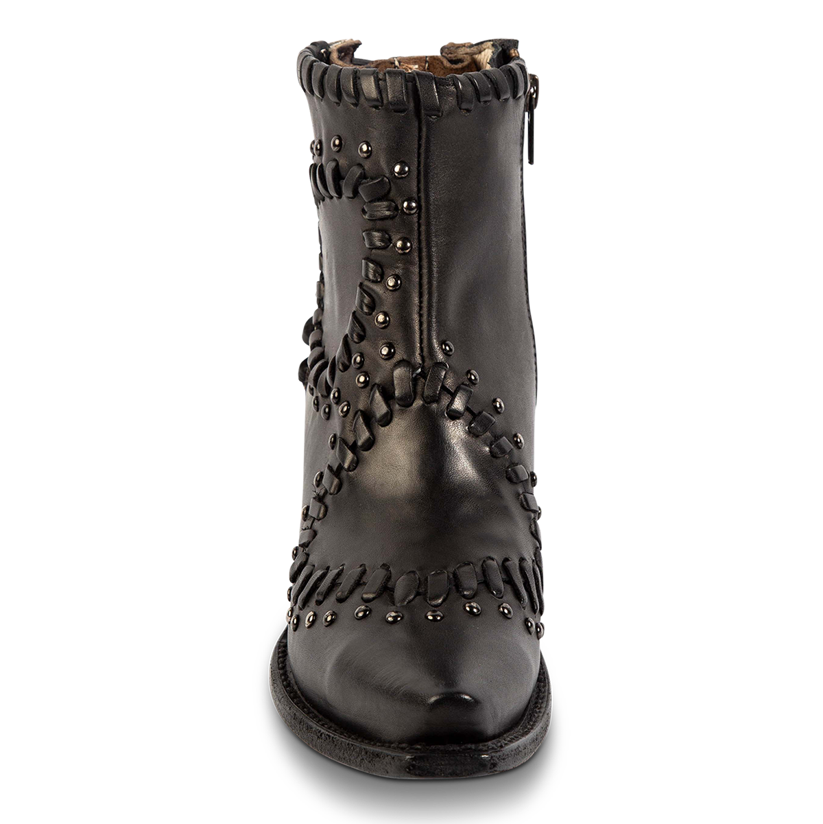 Front view showing FREEBIRD women's Walker black leather bootie with asymmetrical whip stitch detailing, stud embellishments and back heel lacing