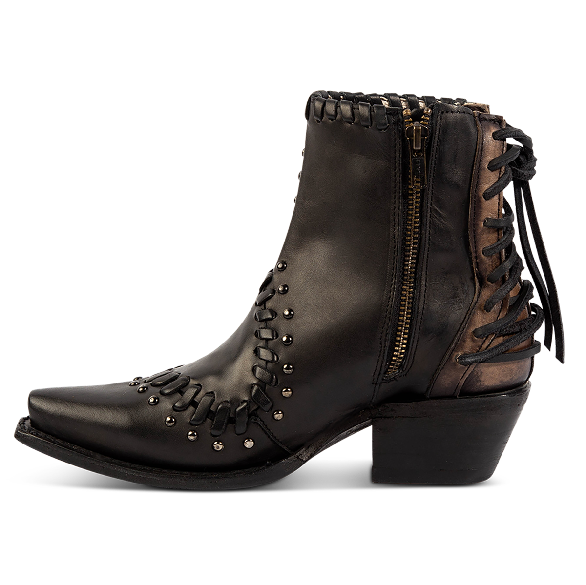 Inside view showing FREEBIRD women's Walker black leather bootie with asymmetrical whip stitch detailing, stud embellishments and back heel lacing