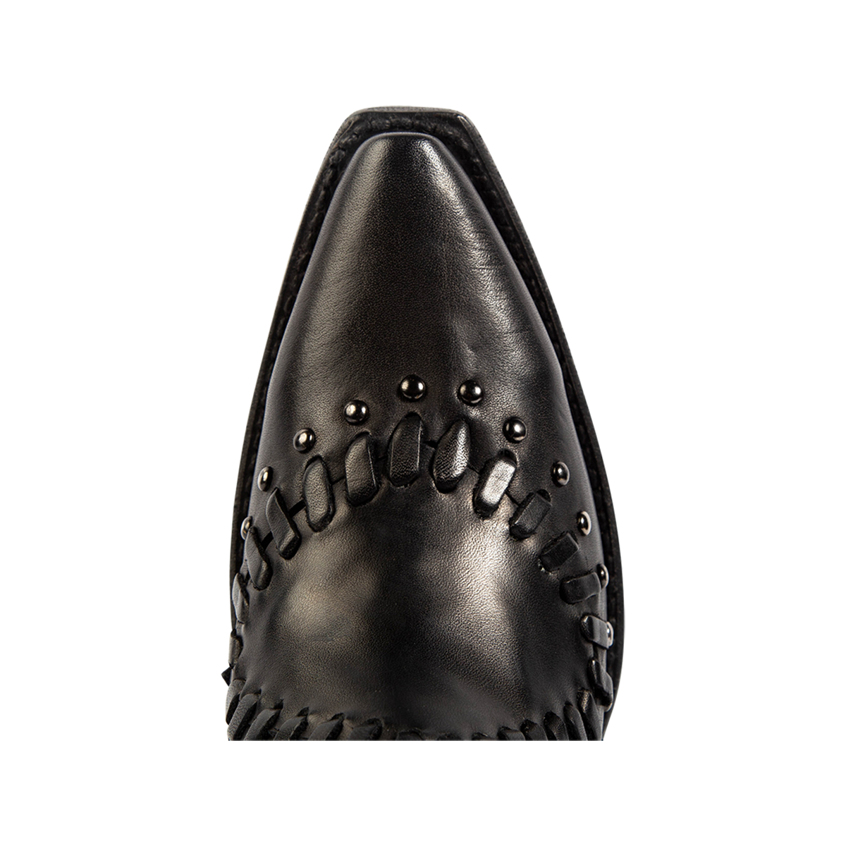Top view showing snip toe and whip stitch detailing on FREEBIRD women's Walker black leather bootie
