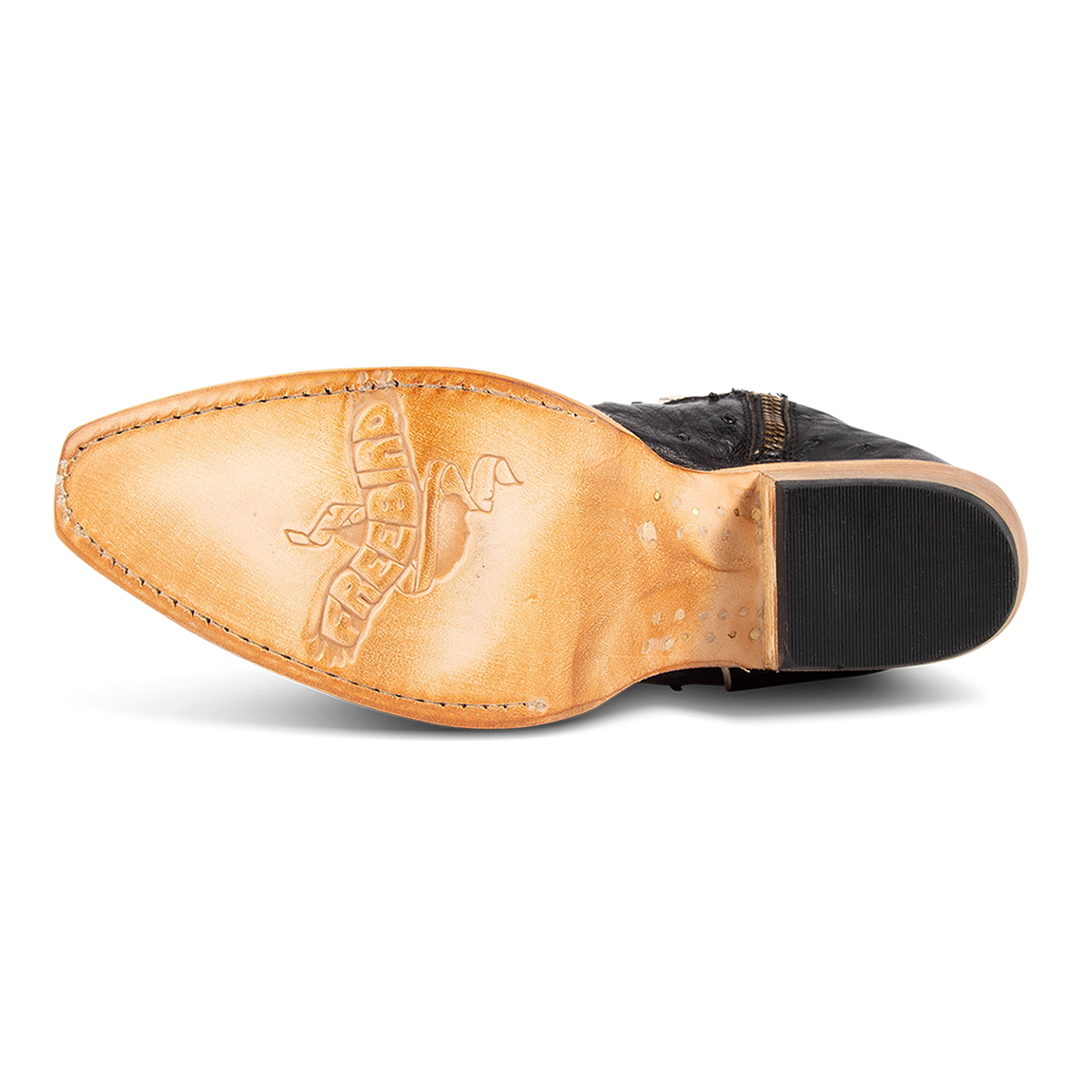 Leather sole imprinted with FREEBIRD on women's Warrick black ostrich multi exotic leather cowgirl mid calf boot